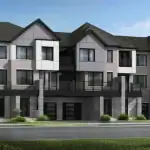 Exterior rendering of Village Homes at The Nine, highlighting contemporary urban design with grey and white siding, stone accents, and spacious second-floor terraces.