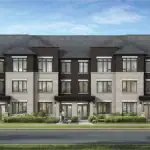Contemporary multi-unit townhouse development at Upper East Side Unionville, displaying a mix of dark brick, light stone accents, large windows, and manicured street-side landscaping.