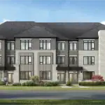 Modern three-story townhome block rendering at Upper East Side Unionville, featuring contemporary light grey stone, neutral siding, dark-framed windows, landscaped front gardens, and a paved walkway.
