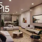 Interior rendering of the resident party room at 1515 Pickering Parkway, featuring a modern fireplace, wall-mounted TV, stylish lounge seating, and a designer kitchenette with a breakfast bar.
