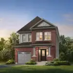 Architectural rendering of a 30-foot detached two-story single-family home at Winchester Estates, featuring a red brick facade, grey siding details, a single-car garage, and landscaped front yard under a clear blue sky.
