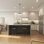 Interior rendering of a bright, modern open-concept kitchen and dining area at Winchester Estates, featuring light wood flooring, a dark central island with bar stools, white cabinetry, stainless steel appliances, and a minimalist chandelier over the dining table.