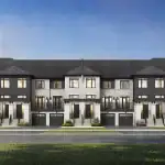 Architectural front rendering of a modern townhome block at Winchester Estates, showcasing a symmetrical design with white brick facades, dark grey accents, individual built-in garages, and second-story balconies.