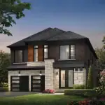 Exterior rendering of a contemporary two-story detached home at Caledon Club, featuring a dark brick and light stone facade, a two-car garage, and landscaped front yard at dusk.