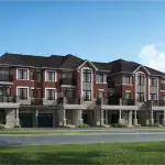 Streetscape rendering of Mattamy Homes Union Village Homes featuring red brick exteriors, stone bases, second-floor balconies with black railings, and covered front entryways.
