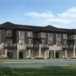 Contemporary Village Homes at Mattamy Homes Union community with dark espresso brick, cream stone accents, large windows, and private elevated terraces.