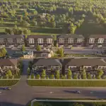 Aerial 3D architectural rendering of The Block on Clair townhome community, showing multi-story modern residential buildings surrounded by green spaces, parking areas, and trees under a bright sky.