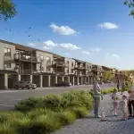 Exterior community rendering of The Block on Clair urban townhomes, featuring modern facades with balconies, a paved pedestrian walkway with people and children, and landscaped green spaces.