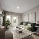 Bright and modern living room interior rendering at The Block on Clair townhomes, featuring an olive green sofa, large windows with natural light, contemporary decor, and stylish neutral-toned furnishings.