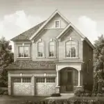 Exterior rendering of a 36-foot detached luxury home at Bayview Trail, featuring a two-car garage, arched windows, and a brick facade.