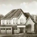 Exterior rendering of a premium 60-foot detached estate at Bayview Trail Aurora, featuring a three-car garage, stone exterior, and sophisticated architectural gables.