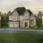 Architectural rendering of a luxury streetscape at Bayview Trail in Aurora, showcasing three large detached homes with stone and brick exteriors and multi-car garages.