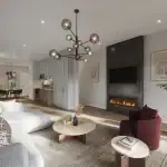Open-concept living room and kitchen at Orléans Village featuring a modern linear fireplace with a marble feature wall, globe chandelier, and light wood flooring.