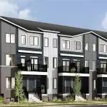 Modern exterior rendering of Summit Series three-story townhomes at Orléans Village, featuring dark grey siding, white accents, brick detailing, and private balconies.