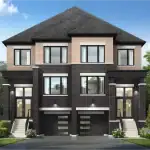 Rendering of a modern two-story semi-detached home at Winding Woods by Fieldgate Homes, highlighting a dark and light brick exterior, a steep hipped roof, individual built-in garages with modern glass-paneled doors, and elevated front entryways.