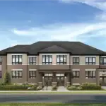 Architectural rendering of modern townhomes at Winding Woods in Seaton by Fieldgate Homes, featuring a two-tone brick facade, large black-trimmed windows, covered entryways, a manicured front lawn, and lush green trees under a blue sky.