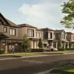 A scenic streetscape of Wild Indigo detached homes featuring modern architectural designs, manicured lawns, and residents enjoying a suburban neighborhood at sunset.