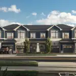 Exterior rendering of Wild Indigo townhomes featuring navy blue and white siding, gabled roofs, and a family standing near a parked SUV in the driveway.