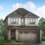 33-foot detached single-family home at Orchard South featuring a contemporary stone and stucco exterior, two-car garage, and professional landscaping.