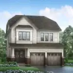 Architecture rendering of a 36-foot detached home at Orchard South showcasing a two-car garage, white board and batten siding, and dark shingle roofing.