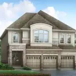 Exterior rendering of a 45-foot detached luxury home at Orchard South, featuring a three-car garage, stone and stucco facade, and a grand arched second-story window.