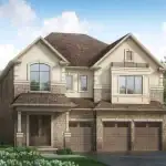 Exterior rendering of a 49-foot detached single-family home at Georgina View, showcasing a luxury stone and brick exterior, three-car garage, and traditional gabled rooflines.