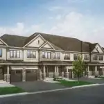 Architectural rendering of modern townhomes at Georgina View in Keswick, featuring multi-level designs with stone and stucco facades, private garages, and professional landscaping under a clear sky.