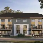 East Hills Crossing - Metro Towns Architectural rendering of East Hills Crossing Metro Towns multi-story residential building with private balconies, modern grey and wood-tone cladding, and professional landscaping.