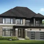 Luxurious 50-foot detached home at The Gateway of Lindsay with a contemporary stone and brick facade, a second-story balcony, and a spacious two-car garage.