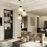 Modern open-concept interior at The Gateway of Lindsay featuring a marble fireplace, custom built-in shelving, a gourmet kitchen with an island, and high-end lighting fixtures.