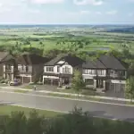 Elevated streetscape view of The Gateway of Lindsay housing development showing a variety of detached single-family homes overlooking a lush green valley and golf course.