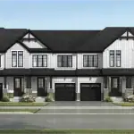 Exterior rendering of modern farmhouse-style townhomes at The Gateway of Lindsay development, featuring black and white vertical siding, dark gables, and stone accents.