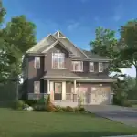 Front view of a two-story 45' detached home at Westwind Shores, showcasing a dark brick and light siding facade, a covered front porch, and a two-car garage under a bright blue sky.