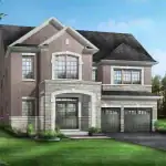 Front elevation of a 45' detached house at Triple Crown Estates by Greenpark Group, showcasing red brick siding, a stone-arched entryway, and a two-car garage with manicured landscaping.