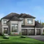 Exterior rendering of a Triple Crown Estates 60' detached home by Greenpark Group, featuring a modern grey brick and stone facade, three-car garage, and a multi-level dark shingle roof.