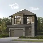 30-foot detached house at West Brooklin featuring contemporary grey stone siding, dark wood accents, and a large front-facing garage.