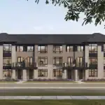 Architectural rendering of West Brooklin rear lane townhomes featuring modern grey brick exteriors, large windows, and second-story balconies.