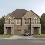 Exterior rendering of a West Brooklin semi-detached home with a stone and brick facade, arched windows, and a two-car garage.