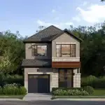 Exterior rendering of a 27-foot detached home at Appellation, showcasing a contemporary brick and stone facade, large windows, and a single-car garage.