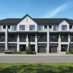 Architectural rendering of back-to-back townhomes at Appellation, highlighting light grey exteriors, second-story balconies, and clean, modern lines.