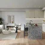 Modern open-concept kitchen and living area in an Appellation home, featuring light wood cabinetry, a granite waterfall island, black stainless steel appliances, and a minimalist fireplace.