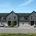 A row of modern traditional townhomes in the Appellation community, featuring dark grey vertical siding, gabled rooflines, and integrated garages.