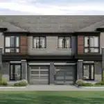 Architectural rendering of modern townhomes at Brooklin Trails, featuring multi-toned grey brick, dark stone accents, wood-panel detailing, and integrated single-car garages.