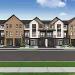 Architectural rendering of Riverbend back-to-back townhomes featuring a contemporary facade of white vertical siding, warm wood panels, and dark grey accents with private balconies and integrated garages.