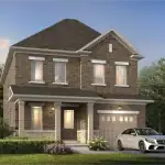 Architectural rendering of a 32-foot detached house design at Trafalgar Highlands, showcasing a brown brick facade with stone accents, a covered front porch entryway, a single-car garage, and a white sedan parked outside.