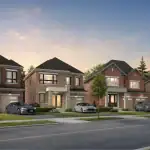 A scenic neighborhood streetscape rendering of the Trafalgar Highlands community development at dusk, displaying a row of diverse detached brick homes with paved driveways, parked cars, manicured lawns, and a clear sky.