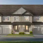 A street-level architectural rendering of a multi-unit townhouse development block at Trafalgar Highlands, featuring light gray brick and stone exteriors, integrated garages, landscaped front yards, and a parent walking with a child.
