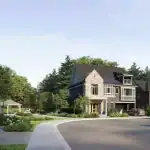 A quiet streetscape within Riverview South Oakville featuring upscale detached homes with stone and brick exteriors, manicured gardens, a community gazebo, and mature trees in the background.