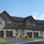 Exterior architectural rendering of Cadence 2-storey townhomes featuring modern stone and dark siding facades, private garages, and professionally landscaped front yards.