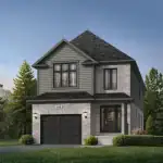 Exterior rendering of a Tidra 30-foot detached home featuring a light grey brick facade, dark grey siding accents, and a single-car garage.